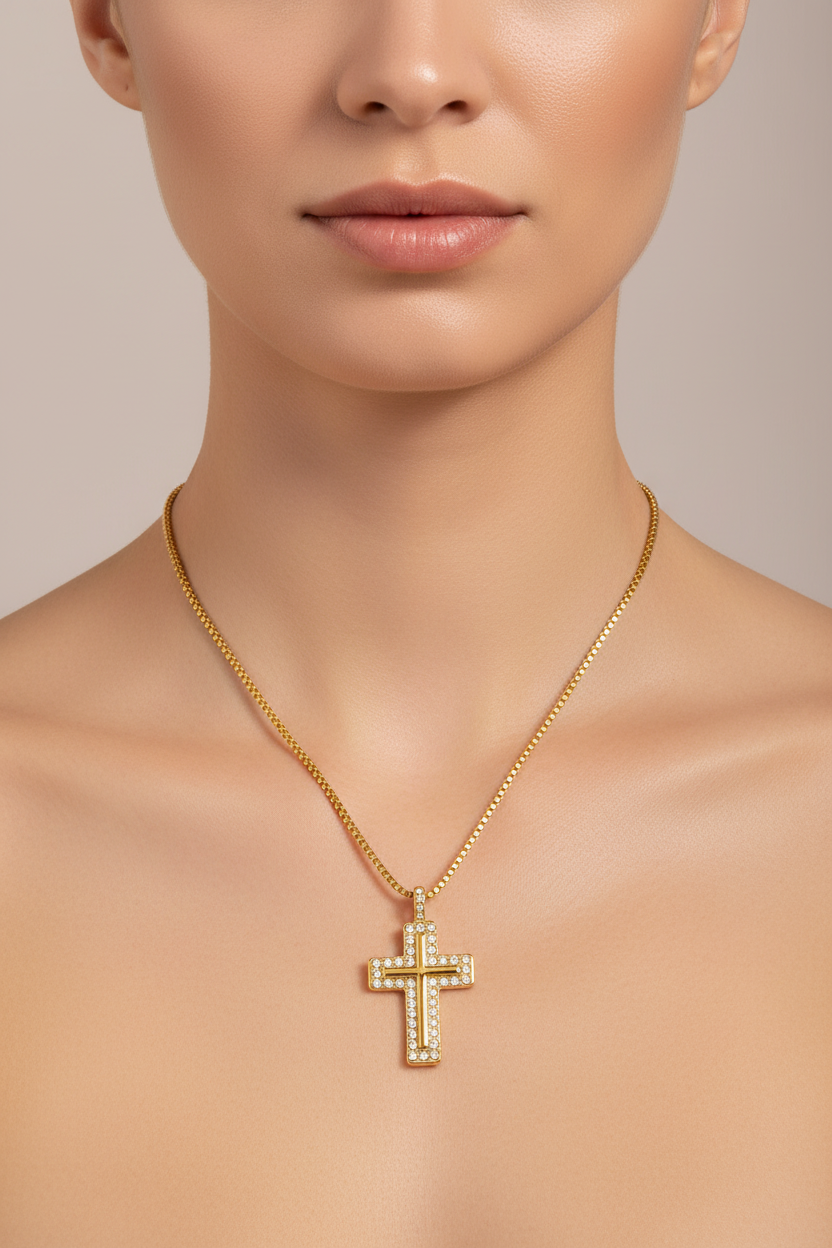 18K Gold-Plated Inlaid Zircon Cross Necklace