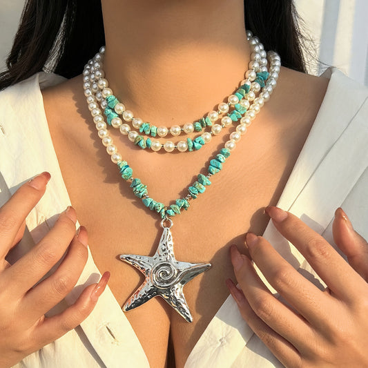 Exaggerated starfish pendant necklaces, niche women's necklaces, layered imitation pearl ocean style necklaces