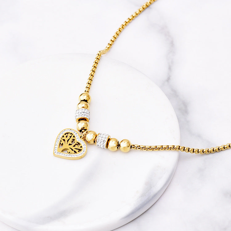 European and American Style Titanium Steel Heart Tree of Life Rhinestone Necklace for Women Simple Love Charm Jewellery