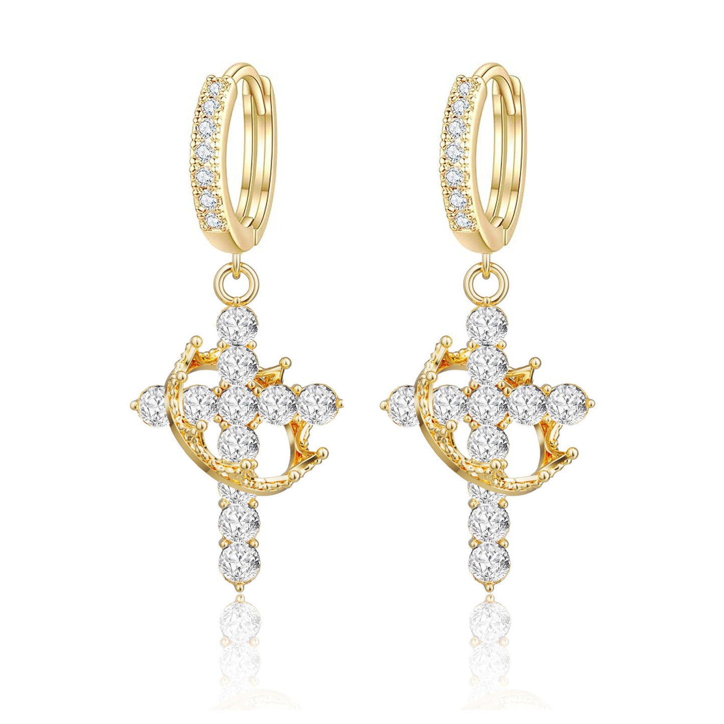 Rotating Crown Cross Earrings Set with Zircon