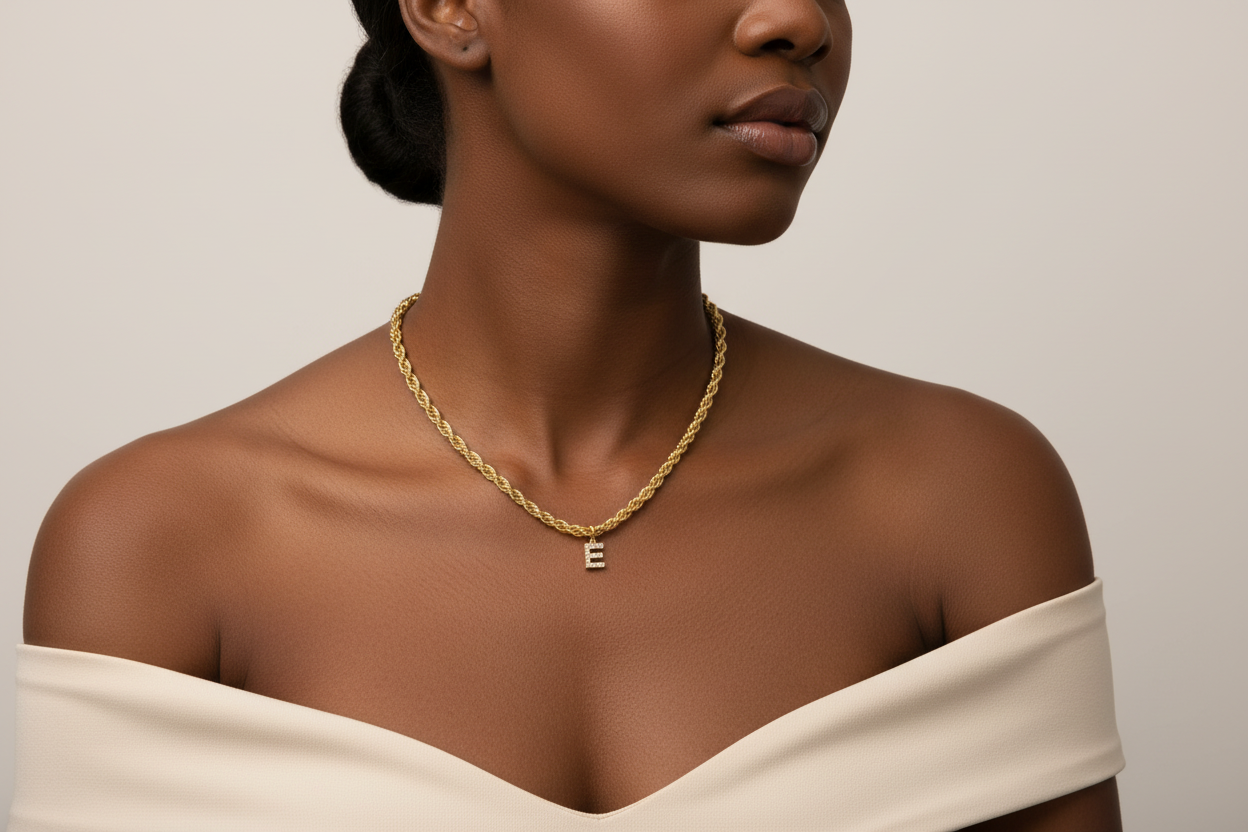 Brass Inlaid Zircon Letter Pendant Necklace