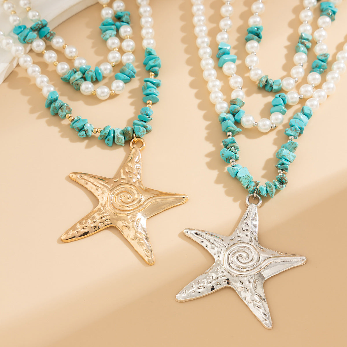 Exaggerated starfish pendant necklaces, niche women's necklaces, layered imitation pearl ocean style necklaces