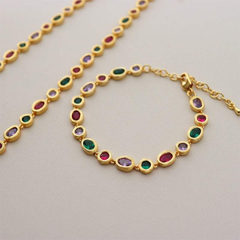 Light luxury fashionable colourful zircon necklace for women versatile personalized retro niche bracelet set