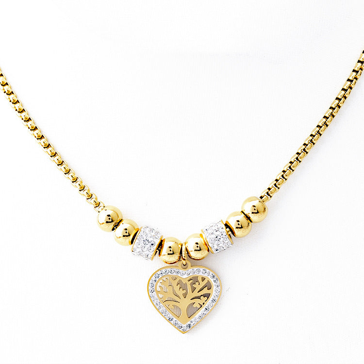 European and American Style Titanium Steel Heart Tree of Life Rhinestone Necklace for Women Simple Love Charm Jewellery