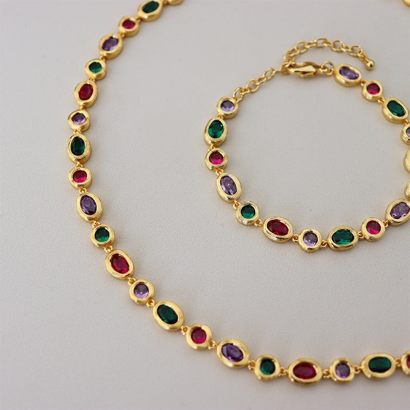 Light luxury fashionable colourful zircon necklace for women versatile personalized retro niche bracelet set