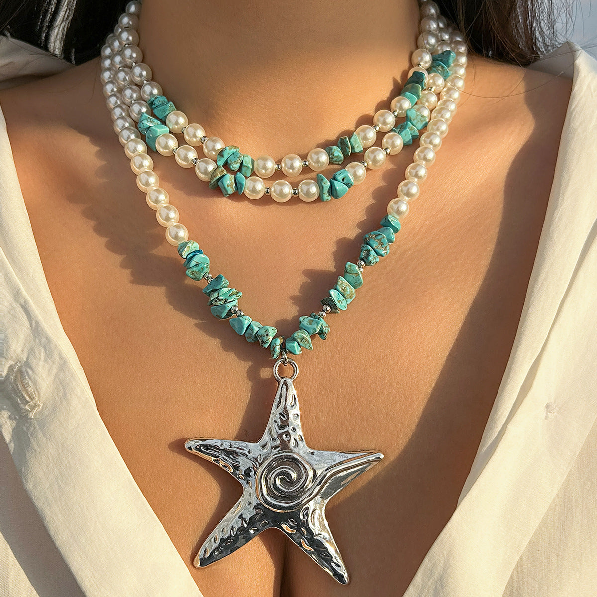 Exaggerated starfish pendant necklaces, niche women's necklaces, layered imitation pearl ocean style necklaces