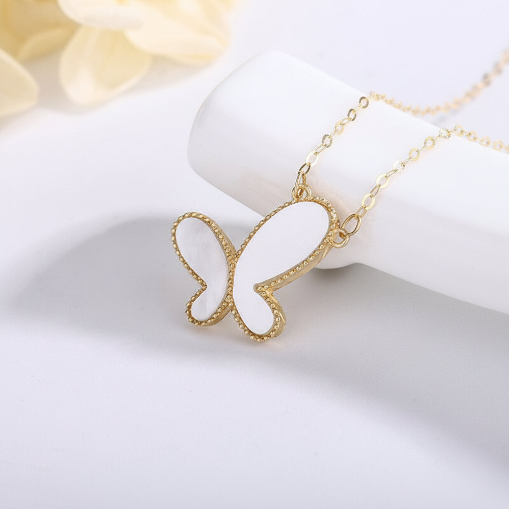 YUNLI Real 18K Gold Butterfly Pendant Necklace Natural Agate Stone Pure Solid AU750 Chain Fine Jewelry Gift for Women PE020