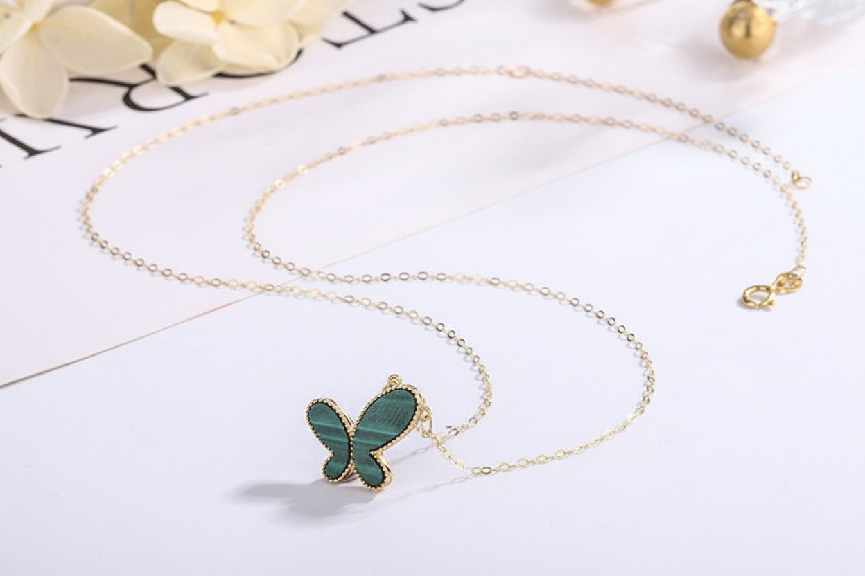 YUNLI Real 18K Gold Butterfly Pendant Necklace Natural Agate Stone Pure Solid AU750 Chain Fine Jewelry Gift for Women PE020