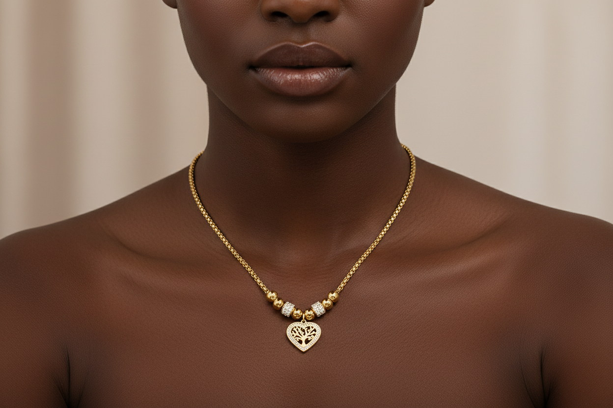 European and American Style Titanium Steel Heart Tree of Life Rhinestone Necklace for Women Simple Love Charm Jewellery