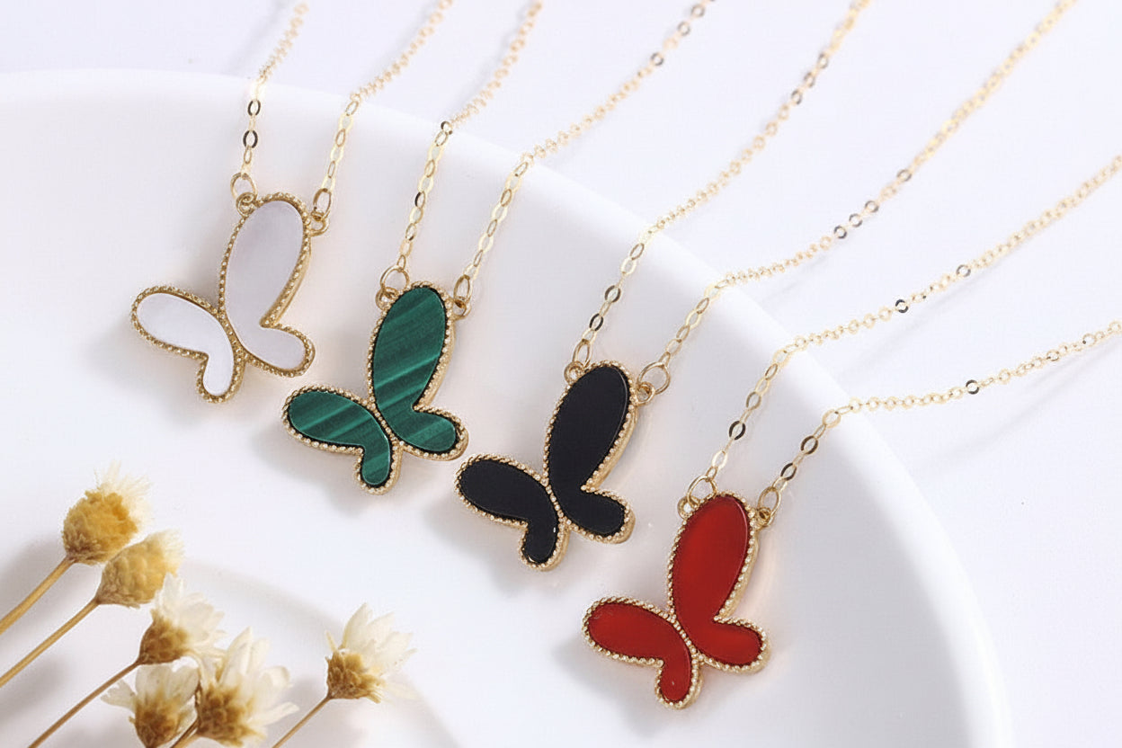 YUNLI Real 18K Gold Butterfly Pendant Necklace Natural Agate Stone Pure Solid AU750 Chain Fine Jewelry Gift for Women PE020