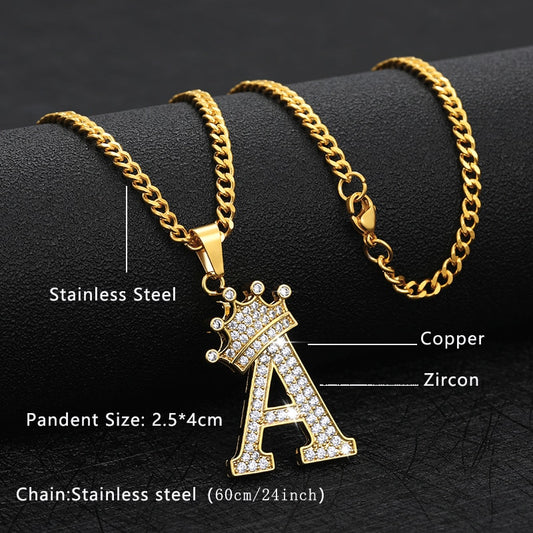 Zircon Crown Big Letter Necklace For Women Men Initial Alphabet Charm Chain Choker Pendant 60CM Necklace Jewellery Gift Collier