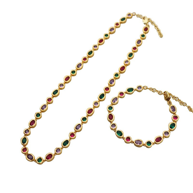 Light luxury fashionable colourful zircon necklace for women versatile personalized retro niche bracelet set