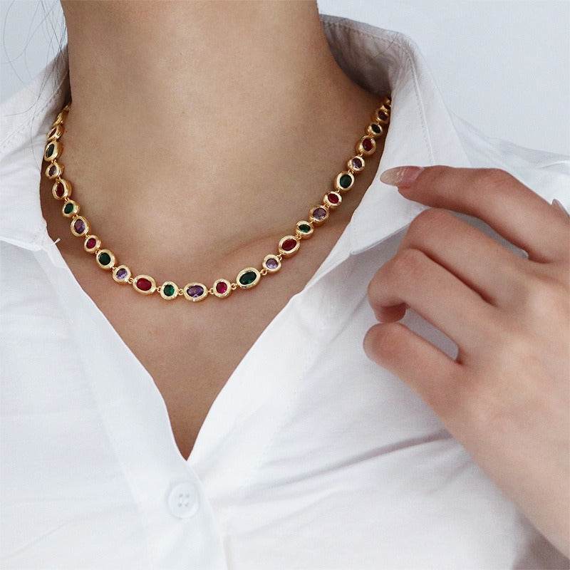 Light luxury fashionable colourful zircon necklace for women versatile personalized retro niche bracelet set