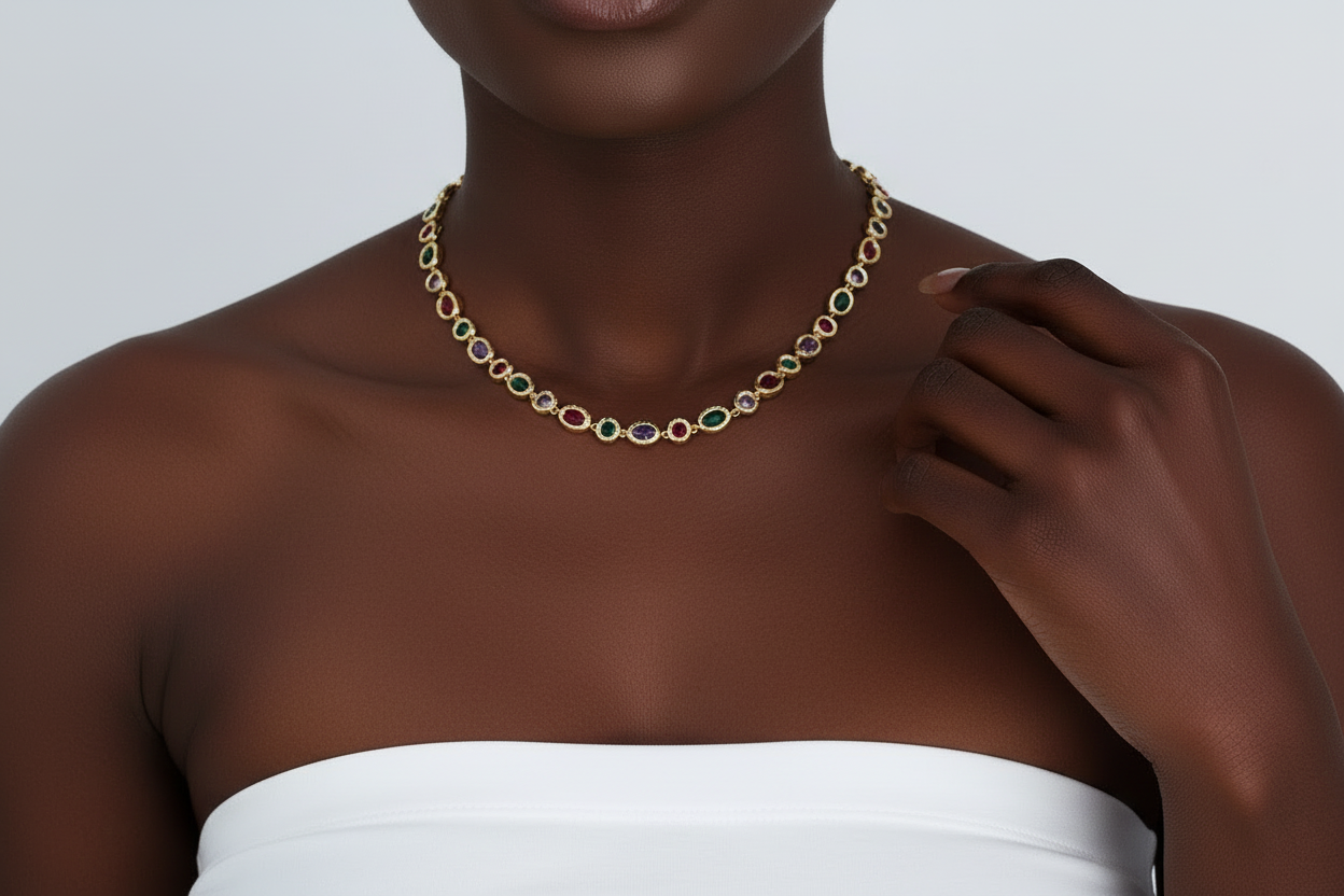 Light luxury fashionable colourful zircon necklace for women versatile personalized retro niche bracelet set