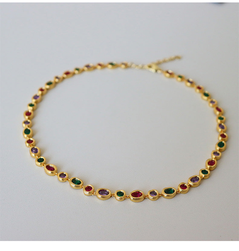 Light luxury fashionable colourful zircon necklace for women versatile personalized retro niche bracelet set