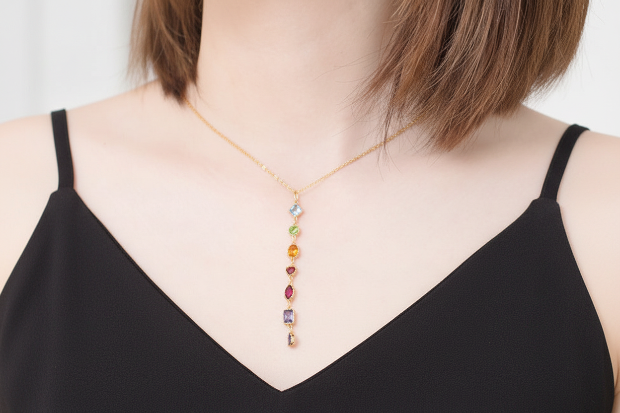 Light luxury rainbow zircon geometric 925 sterling silver gold-plated pendant