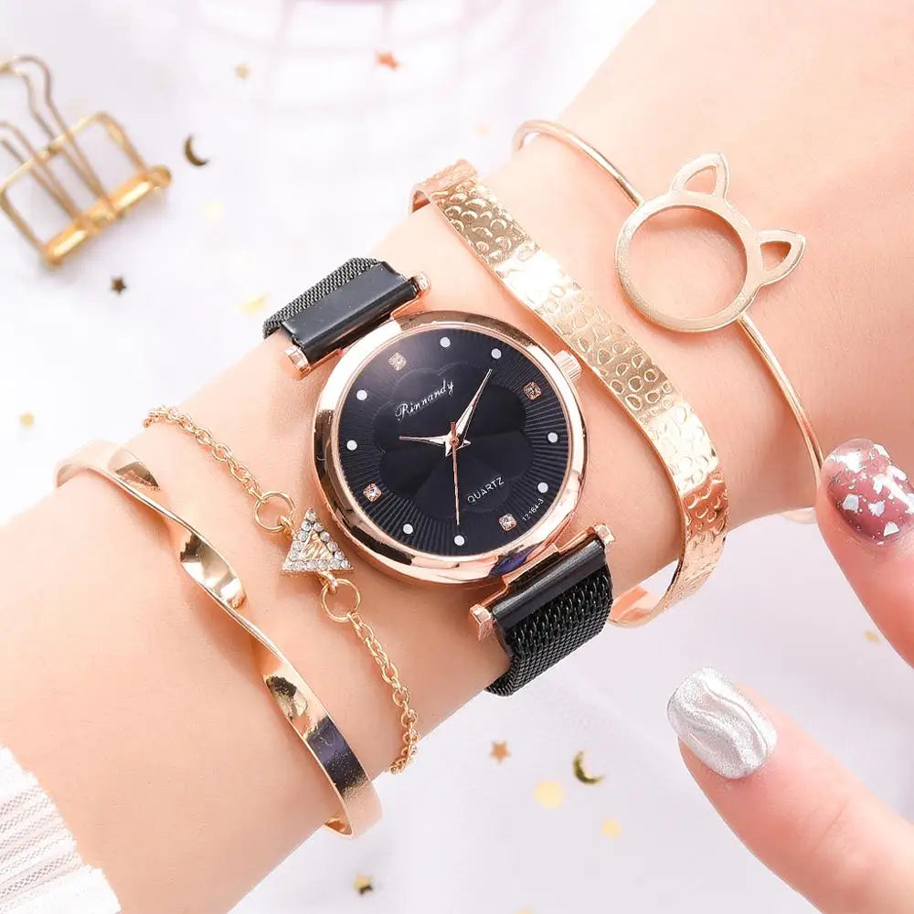 Fashion 5pcs Set Women Watches Luxury Magnet Buckle Flower Rhinestone Watch Ladies Quartz Wrist Watch Bracelet Set