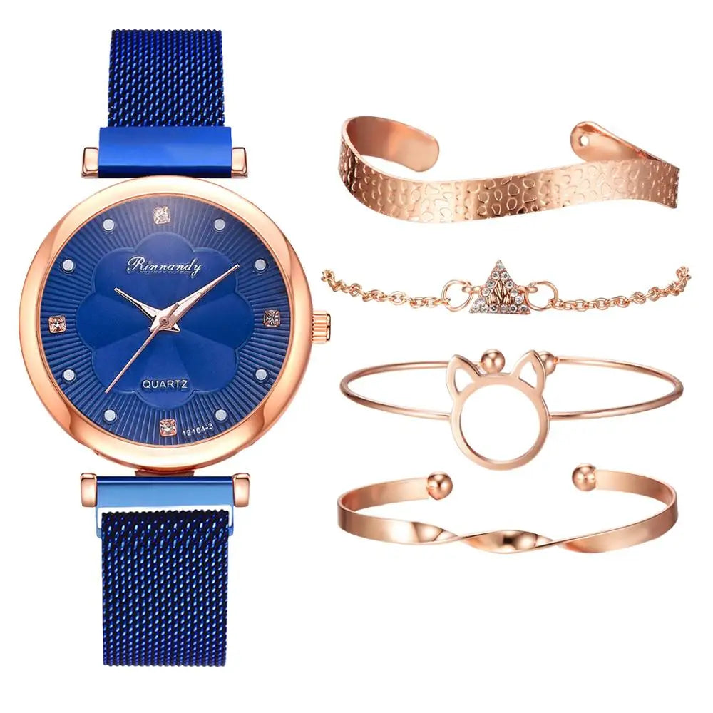 Fashion 5pcs Set Women Watches Luxury Magnet Buckle Flower Rhinestone Watch Ladies Quartz Wrist Watch Bracelet Set