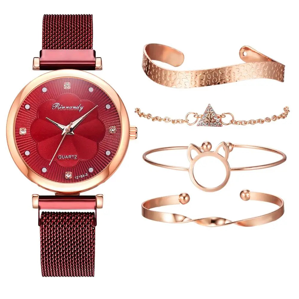 Fashion 5pcs Set Women Watches Luxury Magnet Buckle Flower Rhinestone Watch Ladies Quartz Wrist Watch Bracelet Set