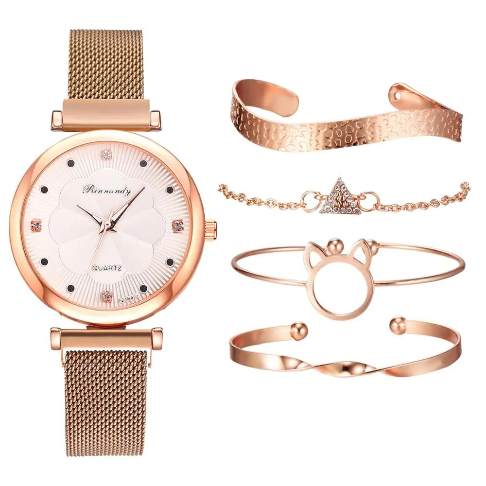 Fashion 5pcs Set Women Watches Luxury Magnet Buckle Flower Rhinestone Watch Ladies Quartz Wrist Watch Bracelet Set