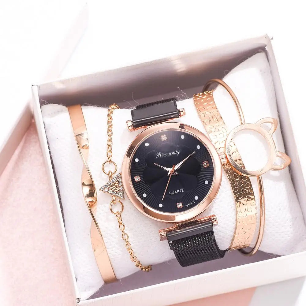 Fashion 5pcs Set Women Watches Luxury Magnet Buckle Flower Rhinestone Watch Ladies Quartz Wrist Watch Bracelet Set
