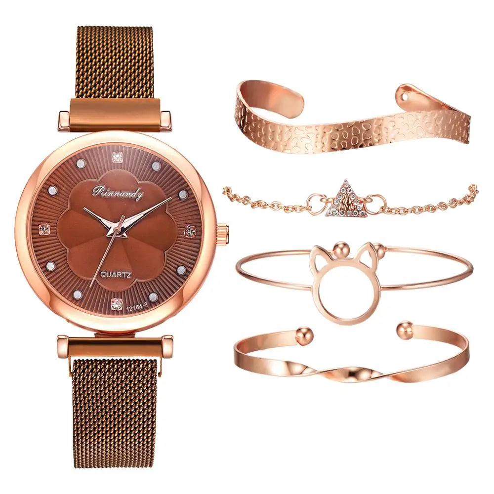 Fashion 5pcs Set Women Watches Luxury Magnet Buckle Flower Rhinestone Watch Ladies Quartz Wrist Watch Bracelet Set