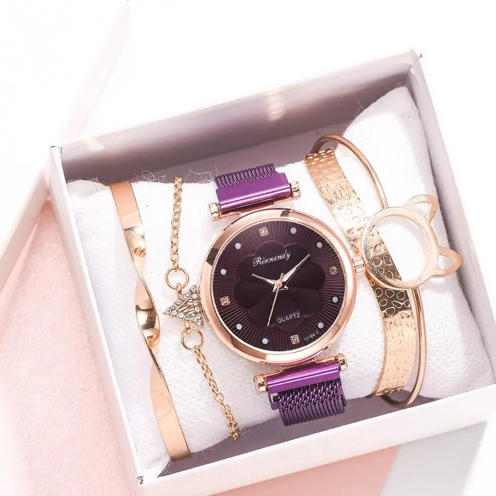Fashion 5pcs Set Women Watches Luxury Magnet Buckle Flower Rhinestone Watch Ladies Quartz Wrist Watch Bracelet Set