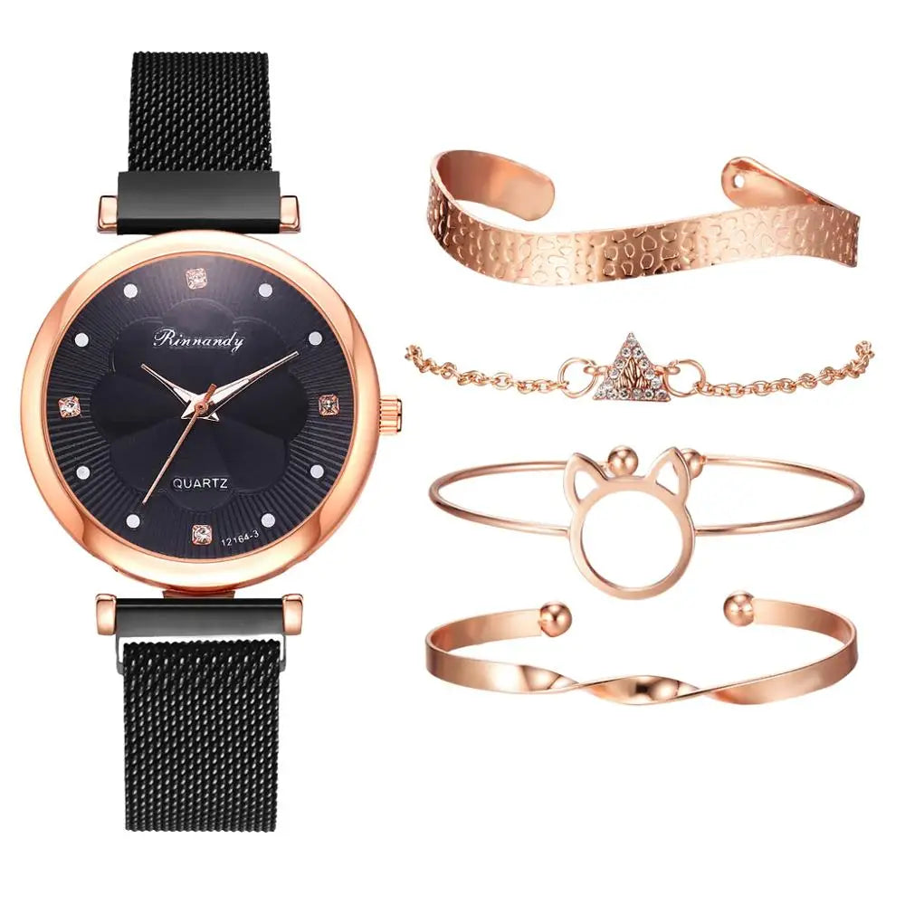 Fashion 5pcs Set Women Watches Luxury Magnet Buckle Flower Rhinestone Watch Ladies Quartz Wrist Watch Bracelet Set