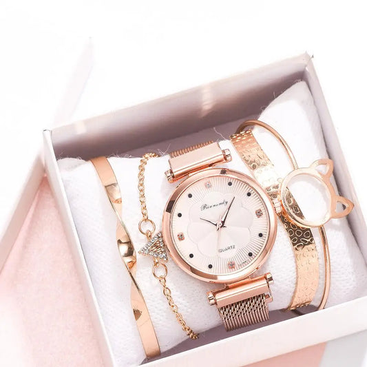 Fashion 5pcs Set Women Watches Luxury Magnet Buckle Flower Rhinestone Watch Ladies Quartz Wrist Watch Bracelet Set